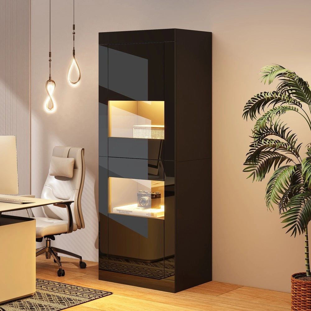Vetrina con LED ¨C MINIMAL ¨C Nero Lucido, Ripiano in Vetro, 61x42x162 cm