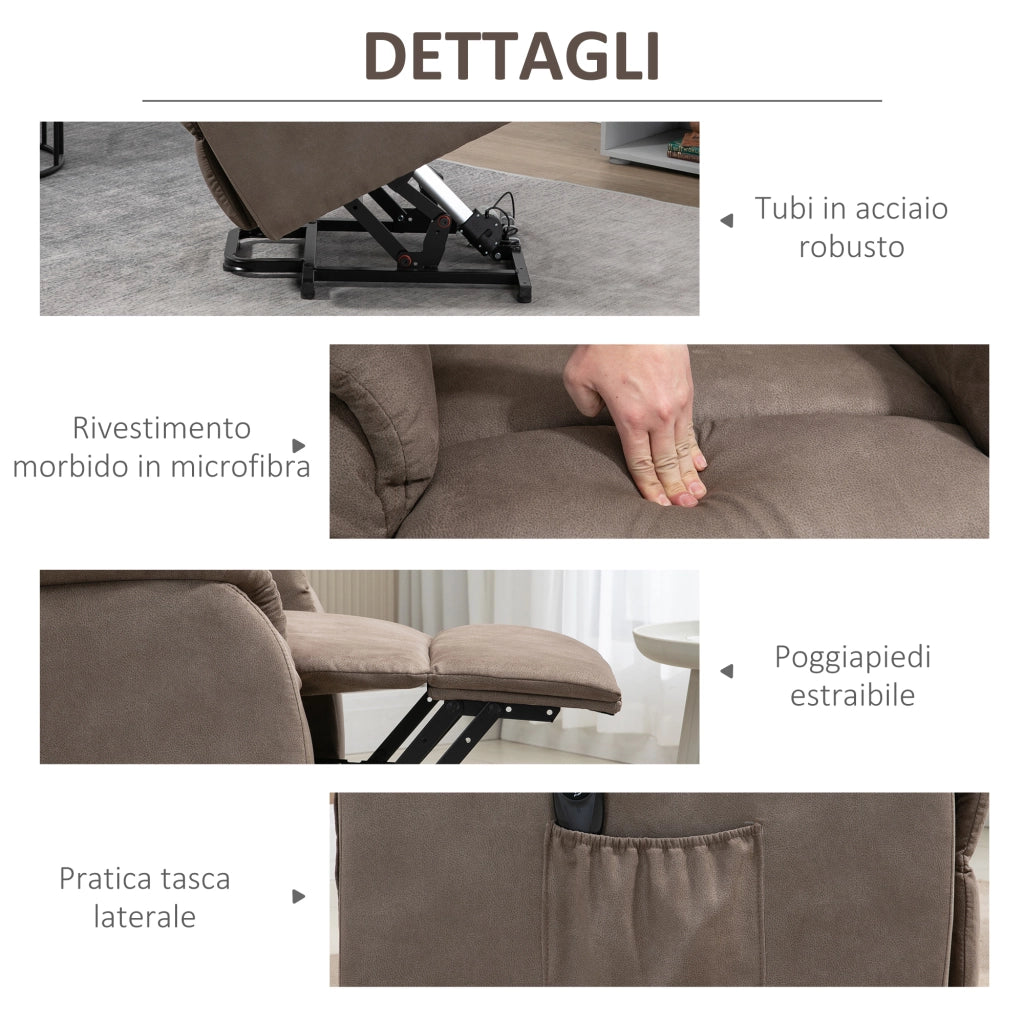 Poltrona Alzapersona Reclinabile 150¡ã max con Telecomando e Poggiapiedi, 75x93x110 cm, Marrone