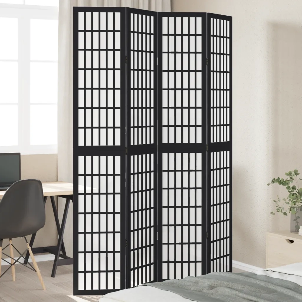 Divisorio Ambienti | Divider per stanze | Paravento 4 Pannelli Nero Legno Massello di Paulownia