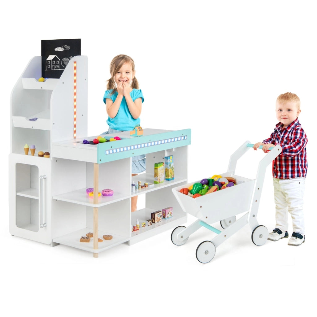 Set da supermercato in legno per bambini, Gioco di finta spesa con registratore di cassa carrello della spesa Bianco-Case e cucine giocattoli