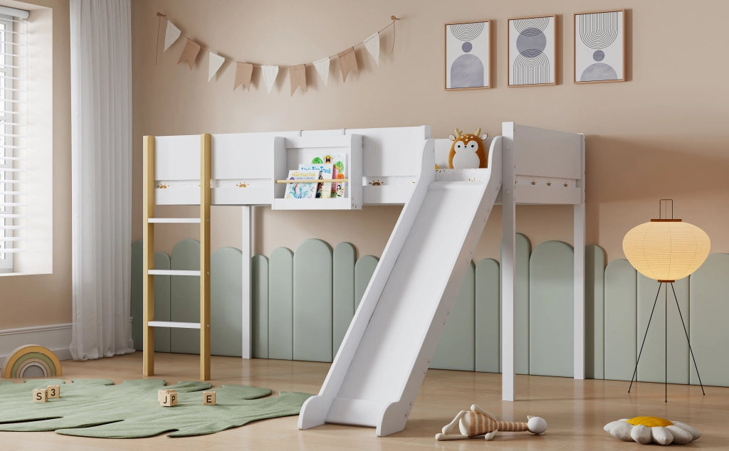 Letto a castello con scivolo - Xylo - Pino+MDF, bianco+naturale