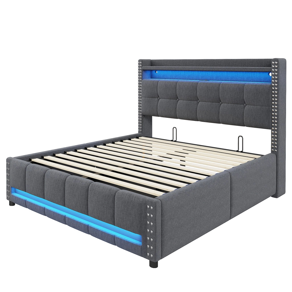 OKWISH Letto Contenitore 140×200 cm, Letto Matrimoniale con LED Regolabile, USB, Mensole e Vano Portaoggetti, senza Materasso, Grigio