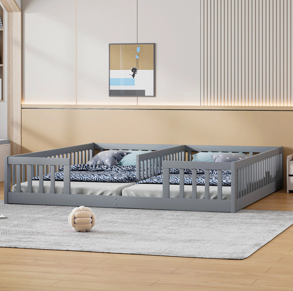 Letto a pavimento per 2 bambini 90 x 200 cm grigio con sponde di sicurezza
