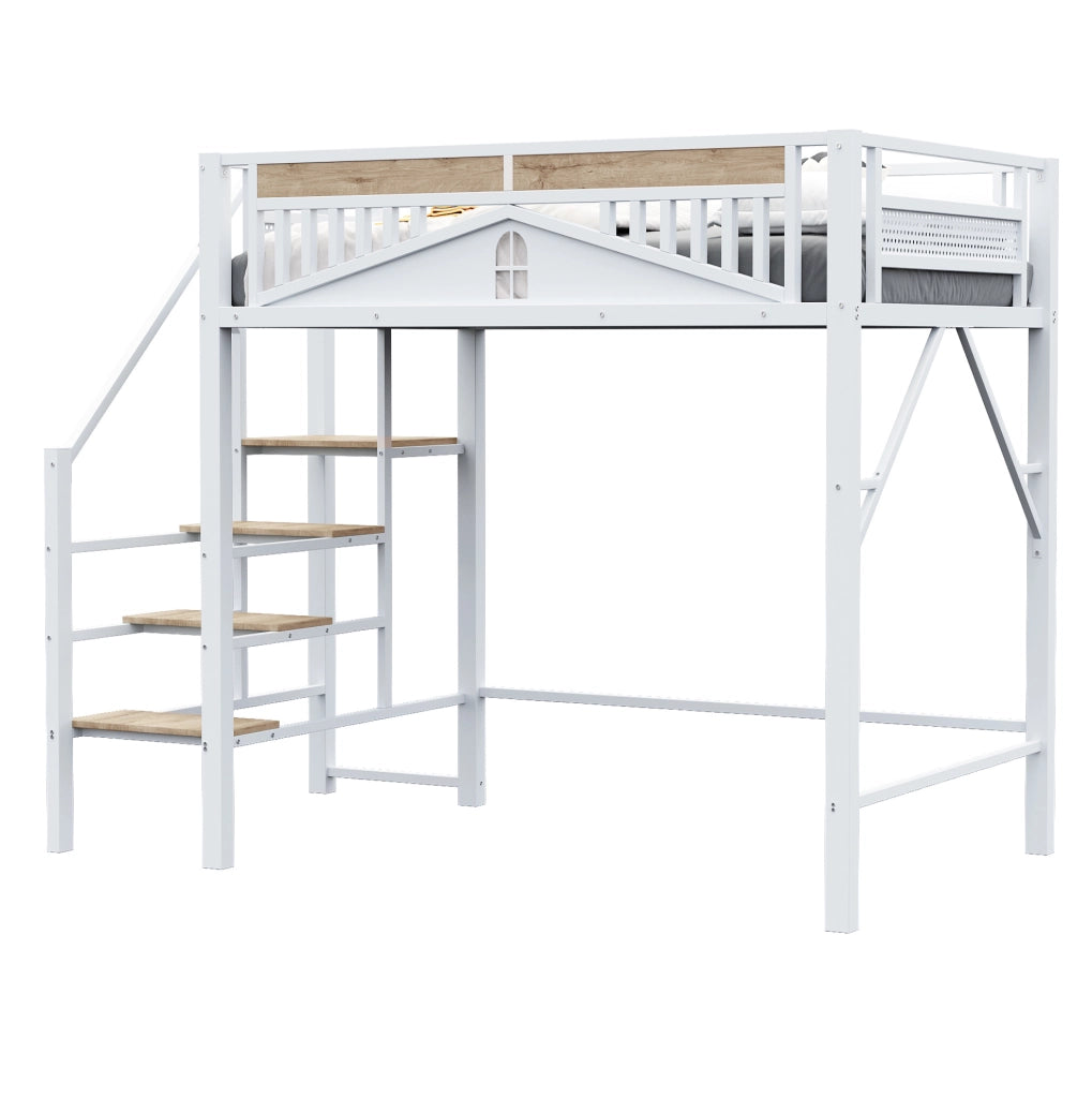 Letto a soppalco in metallo 140x200 cm con scala di sicurezza e spazio sotto il letto; bianco