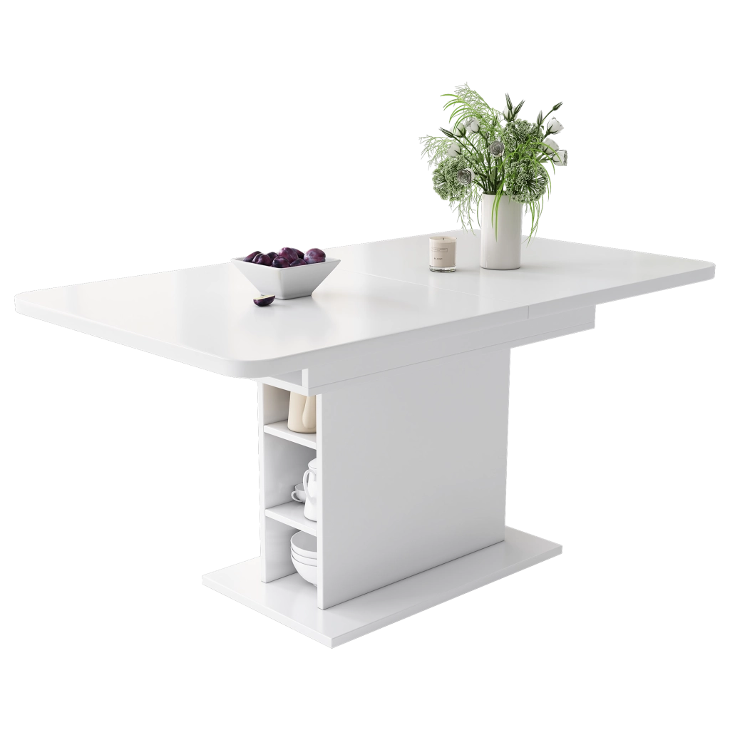 Tavolo da pranzo allungabile rettangolare in truciolare e metallo, bianco, multifunzione per cucina e soggiorno