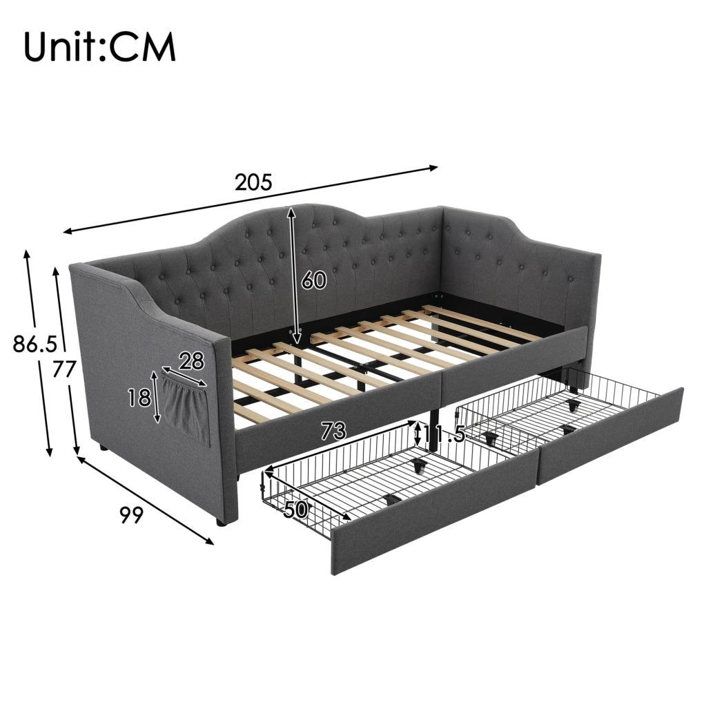 Letto singolo 90x190 cm con 2 cassetti, USB e USB-C in lino grigio