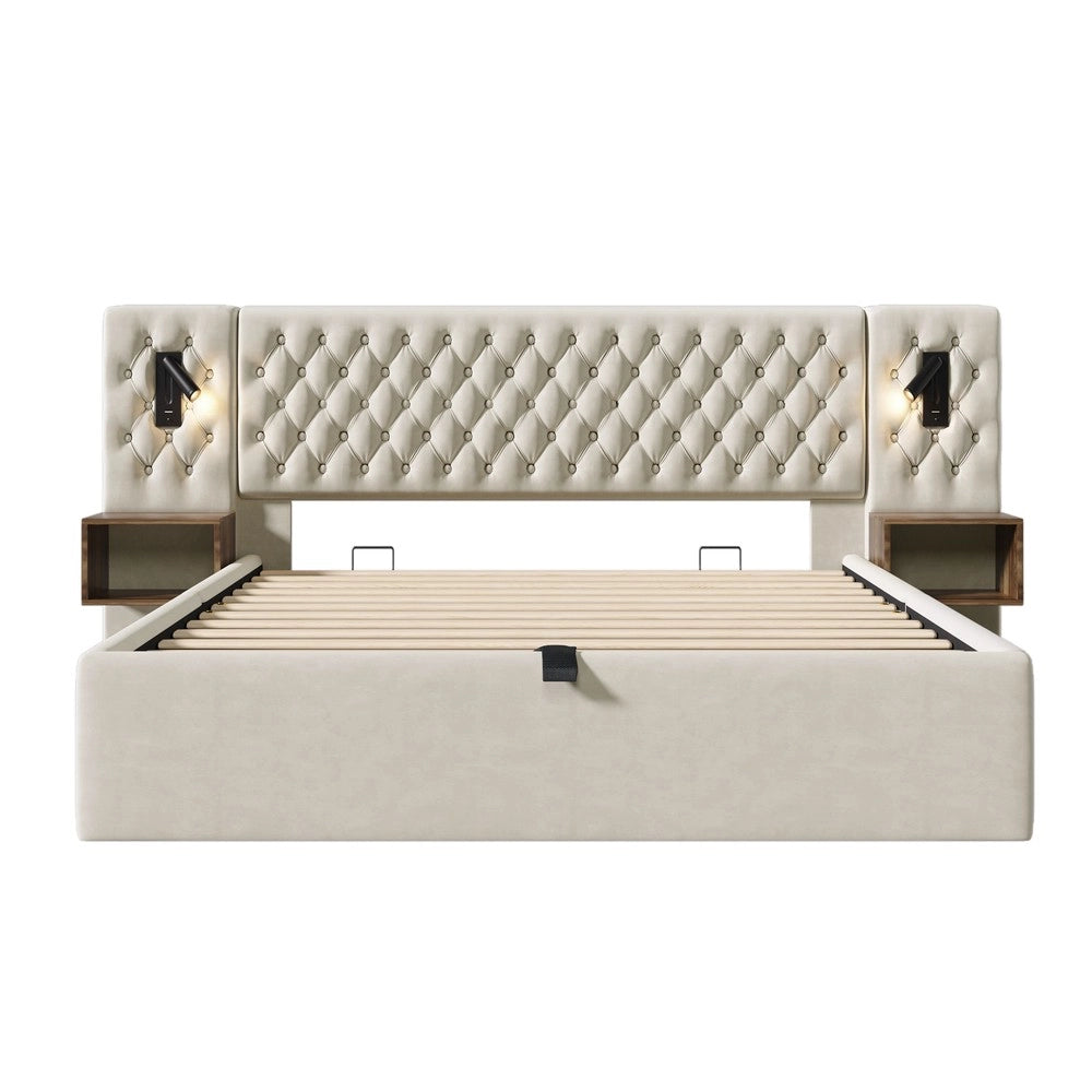 Letto Contenitore Matrimoniale Imbottito ¨C MINIMAL ¨C Velluto Beige 160x200 con Comodini e Testiera LED