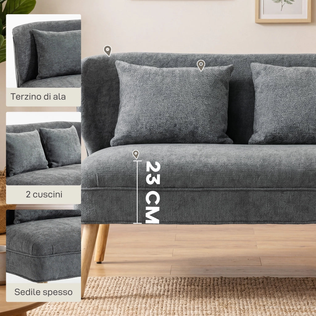 Divano 2 Posti in Ciniglia con 2 Cuscini e Schienale ad Ali, 117x65x78.5 cm, Grigio