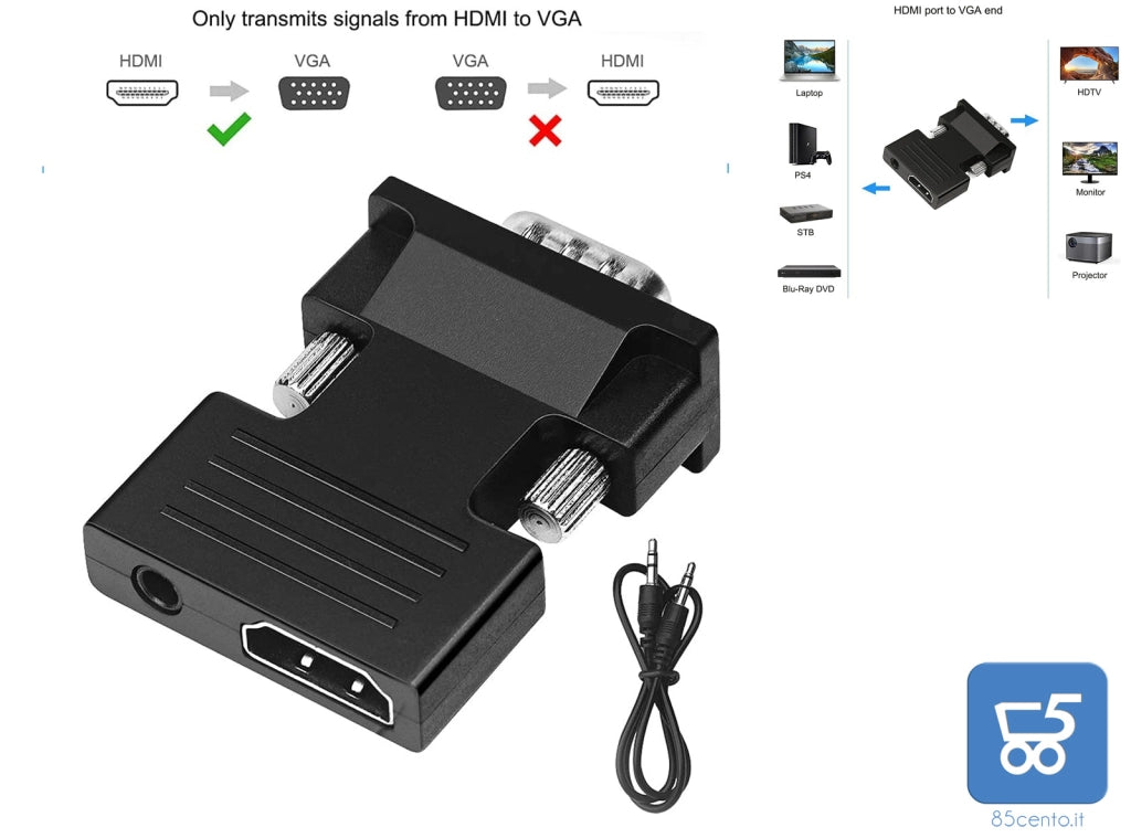 Adattatore da sorgente HDMI a ingresso VGA con Cavo Audio da 3,5 mm, Fino a 1080p 60Hz HDMI Femmina a VGA Maschio, Convertitore Audio Video per Computer PC Portatile (VGA) per Monitor Proiettore TV (HDMI)