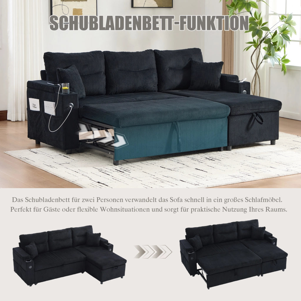 Divano angolare convertibile con chaise longue idraulica, letto estraibile, USB-C e vano contenitore in corda nero