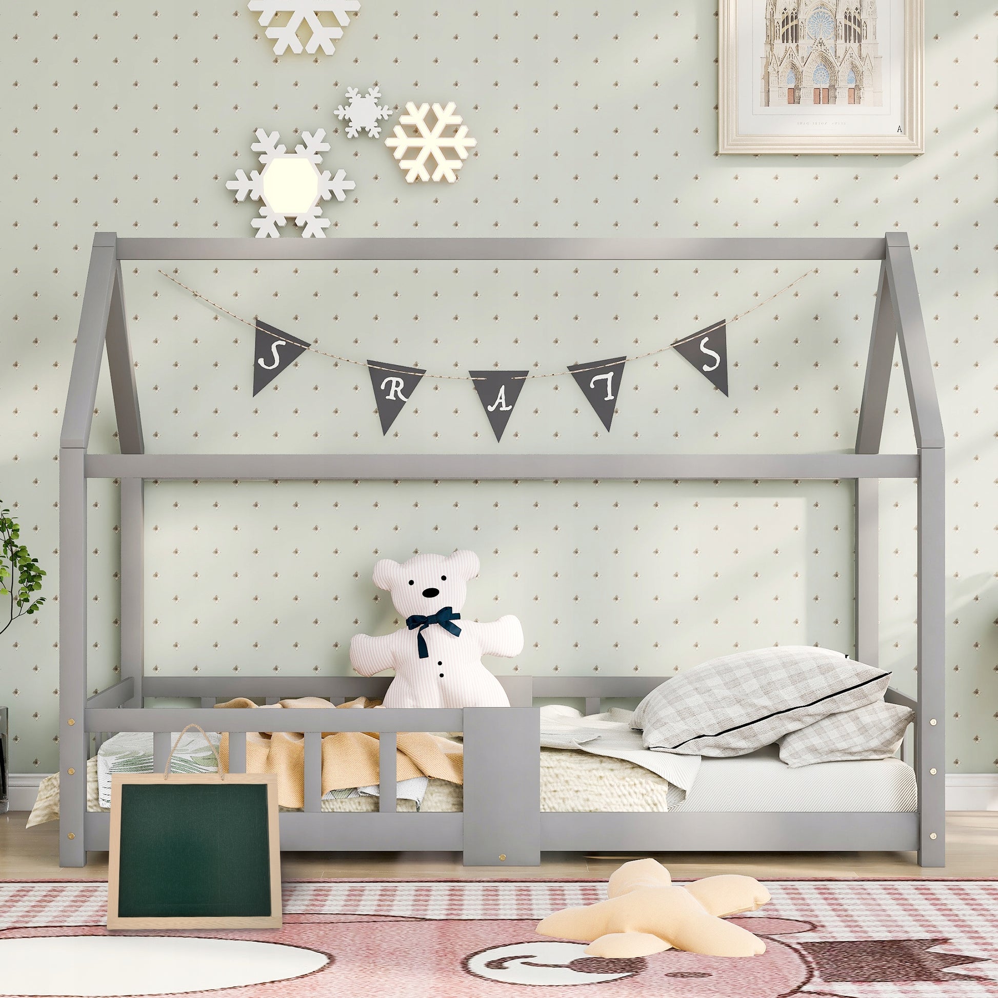 Letto singolo per bambini in legno - Xylo - 90x200 - Grigio - Con lavagna