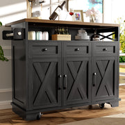 OKWISH Isola da Cucina con 3 Cassetti, Piano Pieghevole e Ruote, Portaasciugamani Laterale, Nero, 118 x 43 x 98 cm