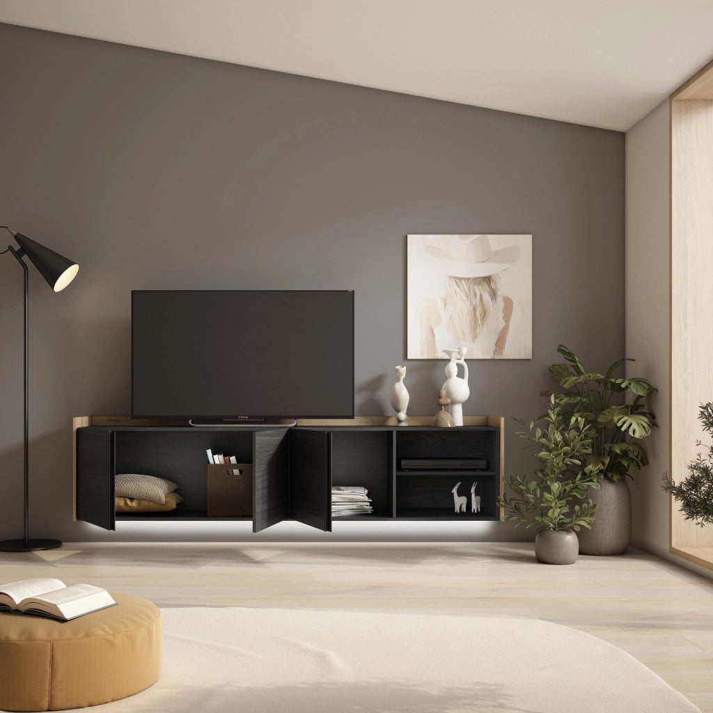 Mobile TV Soggiorno, 207x50x35 cm, Per TV fino a 80", Sospeso, da appendere, LED, Nero e rovere