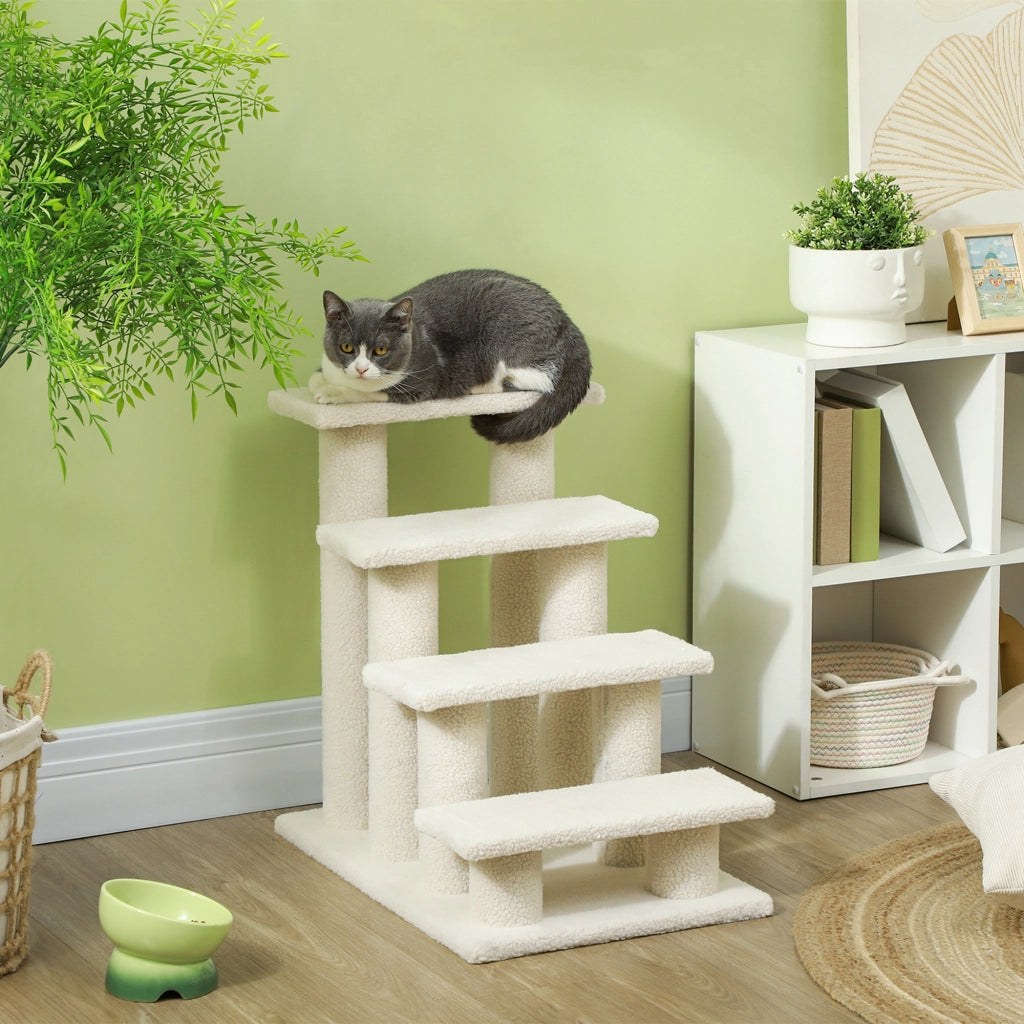 Scaffale a 4 gradini per cani e gatti in truciolare con rivestimento in peluche, bianco crema, 63,5 × 43 × 60 cm