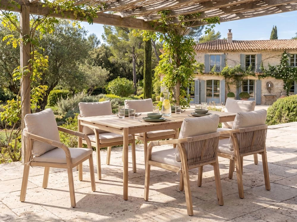 Set da pranzo da giardino con 6 sedie e tavolo in legno di acacia marrone chiaro, piano rettangolare, stile rustico, per esterni
