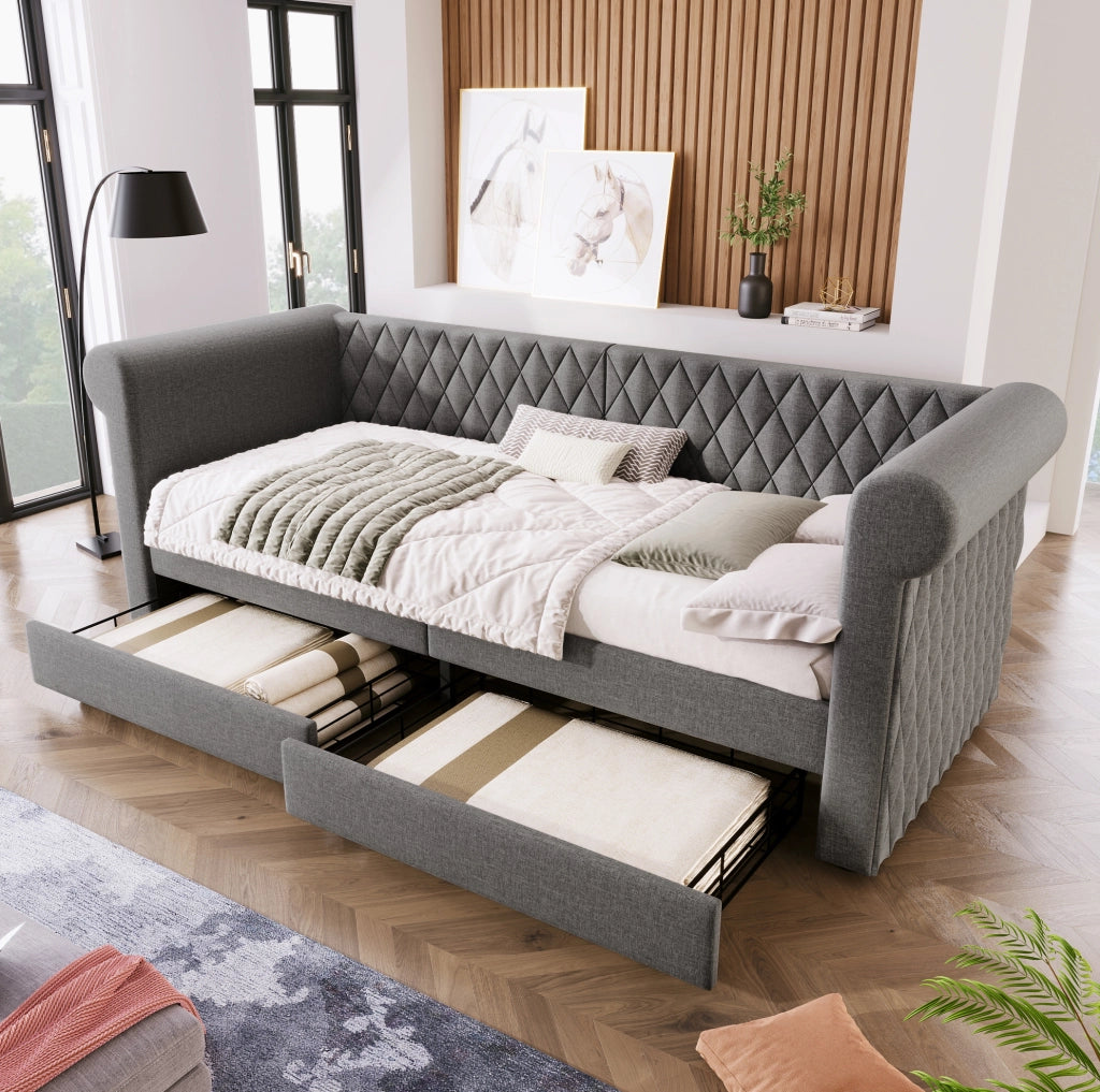 Divano letto daybed 90x200 cm in lino grigio con 2 cassetti; testiera vintage