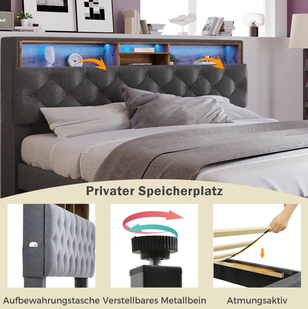 Letto matrimoniale imbottito con testiera contenitore e LED 140x200 cm; grigio