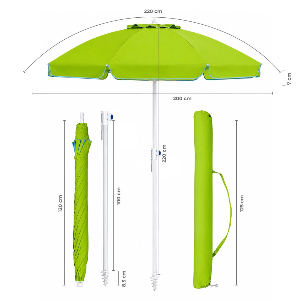 Ombrellone Mare Maxi 220 cm con Protezione UV, Palo a Vite e Inclinazione Regolabile, Parasole da Spiaggia con Presa d'Aria Antivento, Stecche Resistenti e Custodia Trasporto Verde Acido