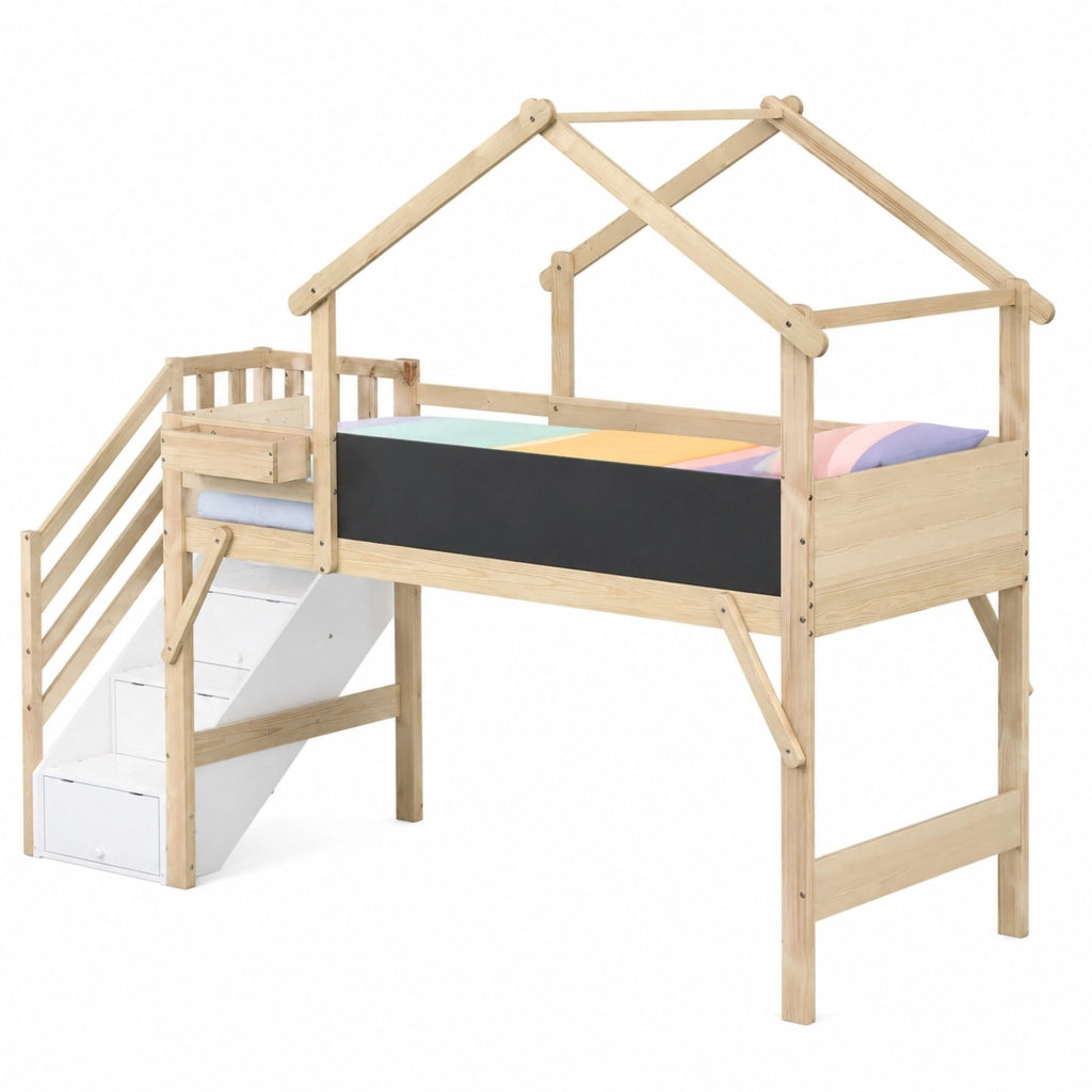 Letto a castello 90x200 cm con lavagna; scala contenitore a 3 vani; bianco e naturale