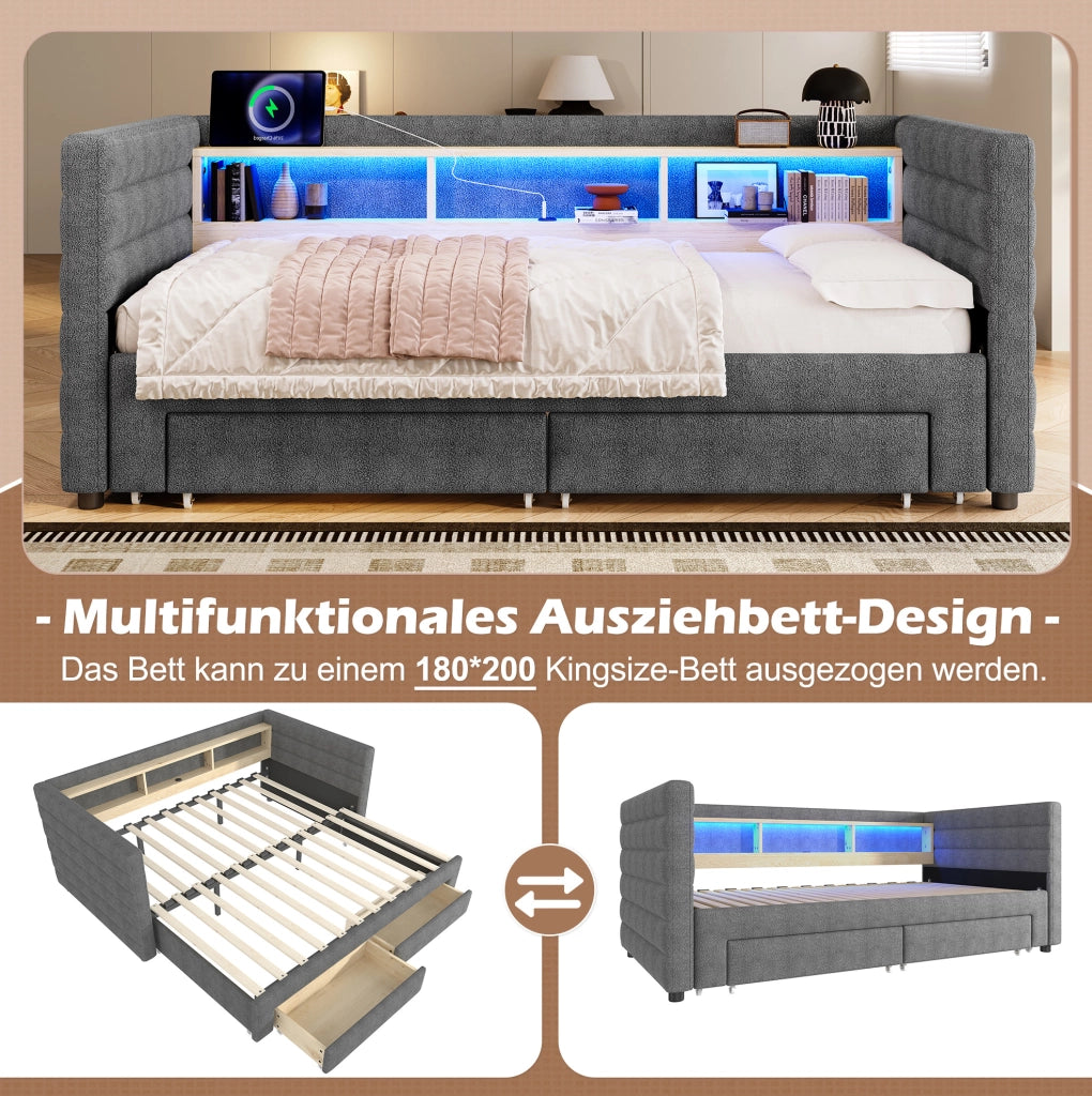 Letto estraibile in velluto con LED e vani contenitore