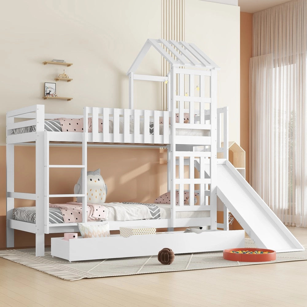 Letto a Castello con Scivolo e Cassetto ¨C MINIMAL ¨C Pino/MDF, Bianco, 90x200