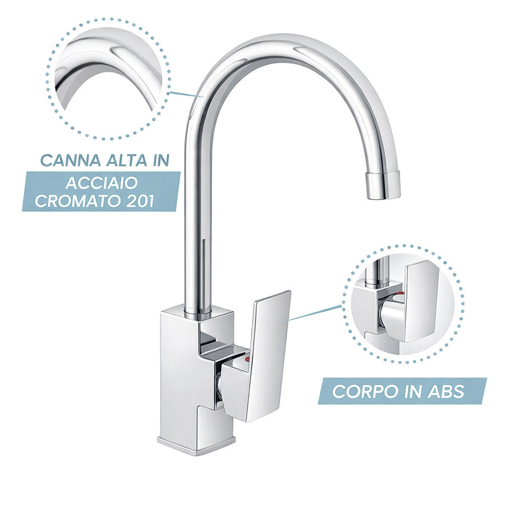 Miscelatore cucina quadro in acciaio inox con corpo orientabile