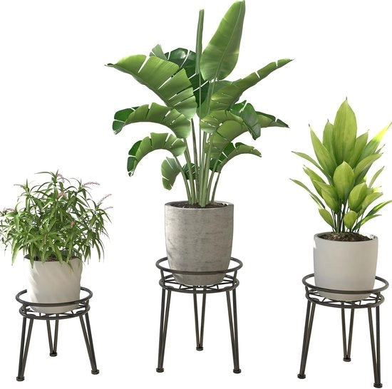 Supporto per piante a forma rotonda - contenitore per fiori in metallo - 3 pezzi - nero - inox