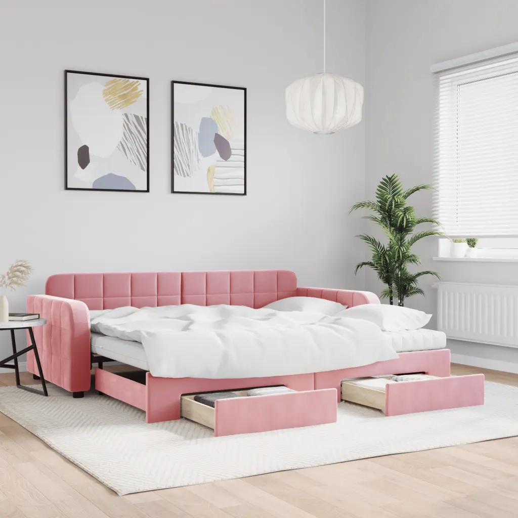 Divano Letto Estraibile con Cassetti Rosa 90x200 cm Velluto 3197004