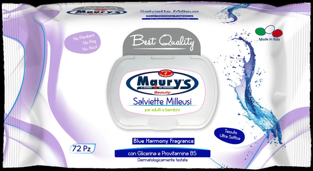 MAURY'S SALVIETTE DETERGENTI UMIDIFICATE MILLEUSI BLU HARMONY 72PZ PER ADULTI E BAMBINI