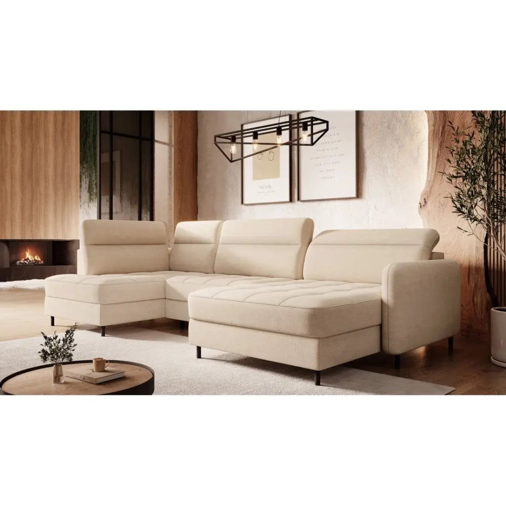 Divano angolare convertibile BERTHO 306 cm beige crema in ciniglia – Angolo destro con contenitore