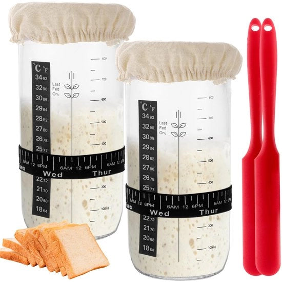 Set di Inizio Fermentazione 2x 1000 ml - Vaso di Fermentazione - Spatola - Etichette di Temperatura - Tela di Respiro - Coperchio in Alluminio - Starter per Pane
