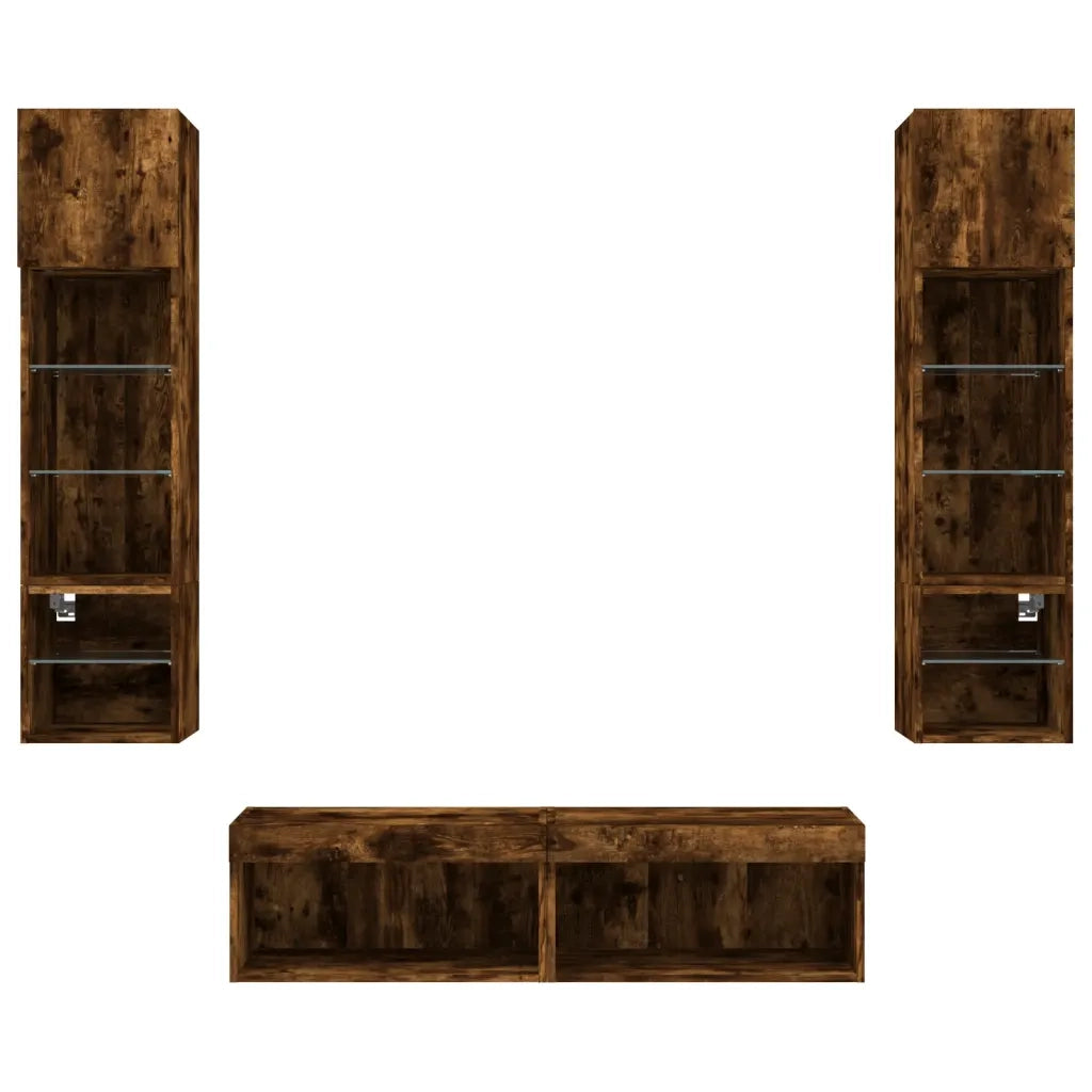 Mobili TV a Muro con LED 6pz | Armadietto TV | Mobile Porta TV Rovere Fumo in Legno Multistrato