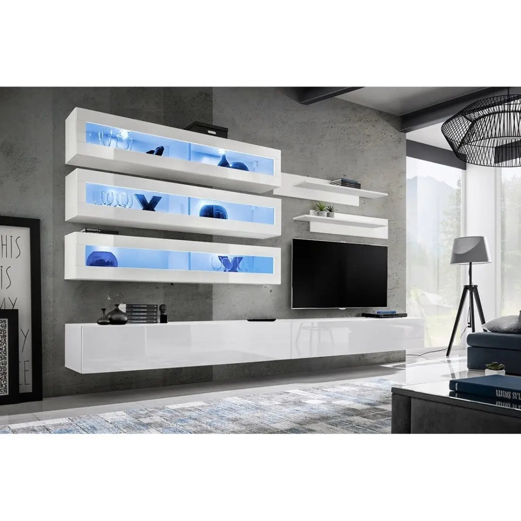 Set di mobili sospesi con LED della collezione FLY J2. Colore bianco.