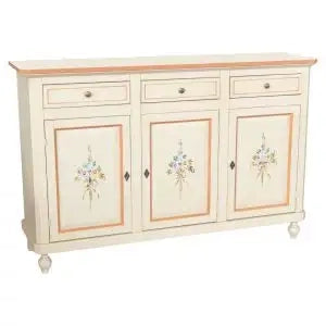 Credenza base napoletana in legno Shabby chic 3 ante avorio anticato decorata filo arancione