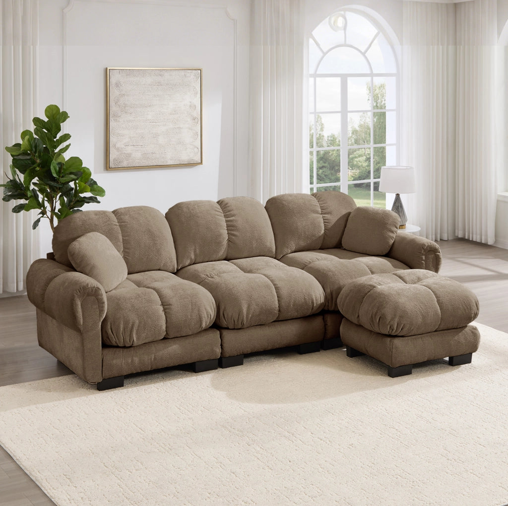 Divano angolare 3 posti 260x149 cm con pouf mobile in ciniglia; marrone