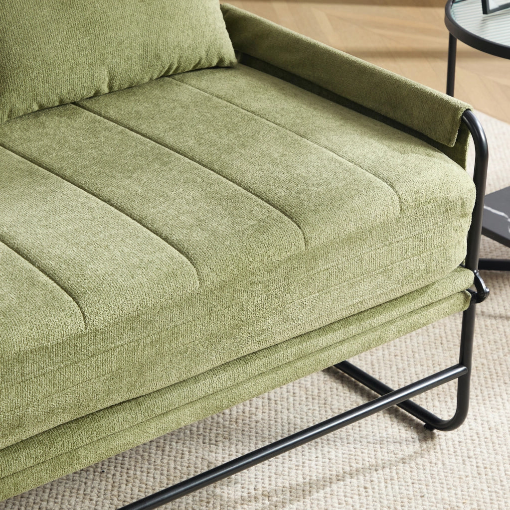 Divano letto a 2 posti convertibile in chenille verde oliva con struttura in metallo; 104x85x92 cm