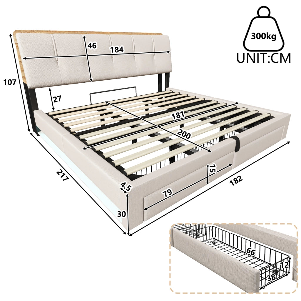 Letto imbottito 180x200 cm con vano contenitore, LED e USB-C