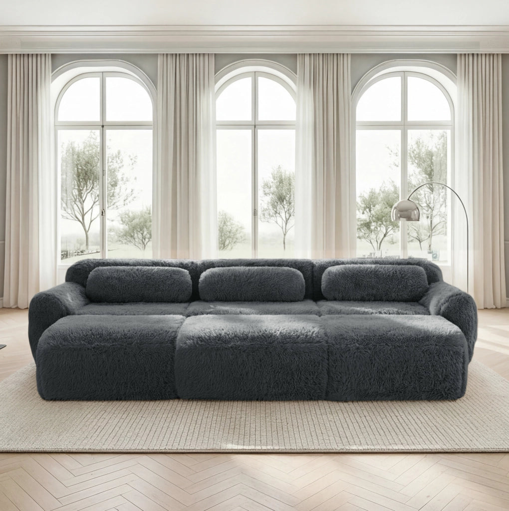 Divano modulare 3 posti con 3 pouf in peluche grigio