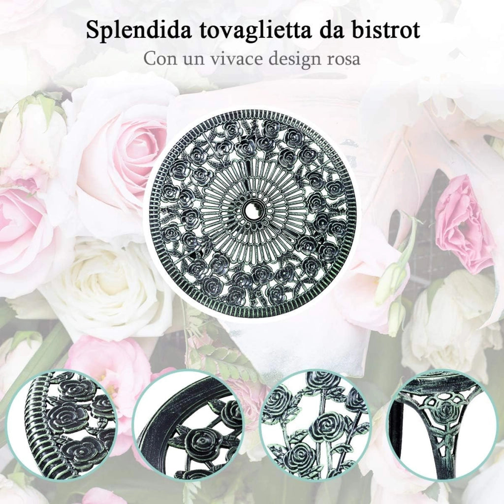 Set Tavolino e Sedie da Giardino, Set da Bistro con Sedie in Alluminio e Ghisa, Mobile da Esterno con Tavolino Rotondo e 2 Sedie, Tavolino Portato 45 kg, Sedia Portata 150 kg (Verde)