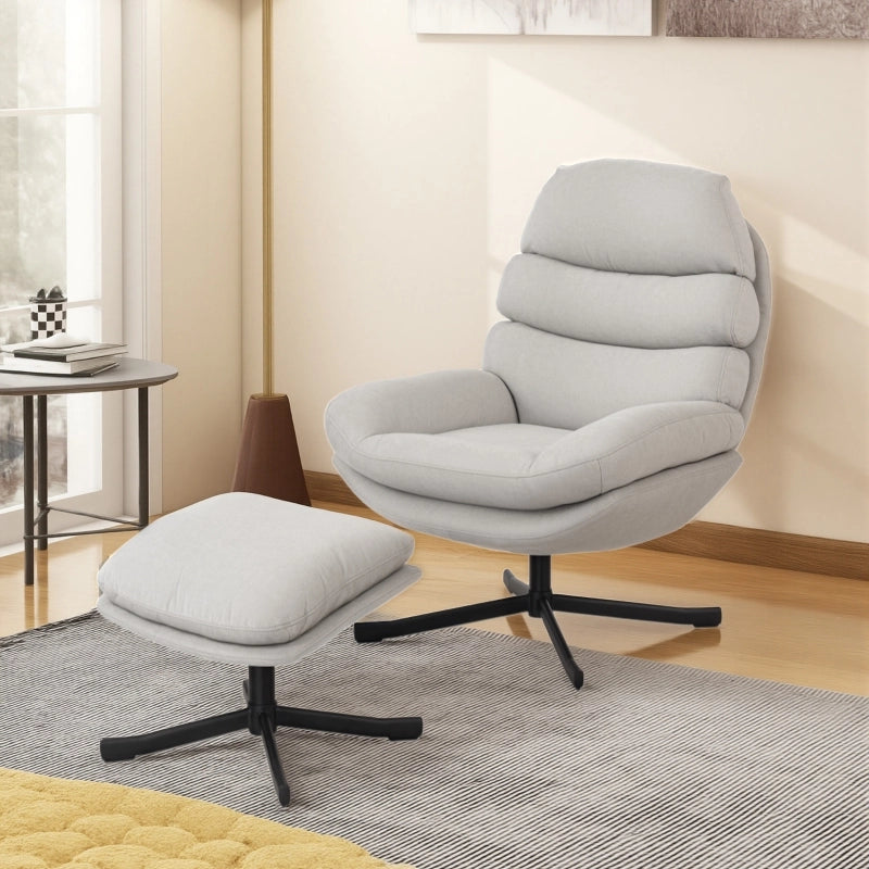POLTRONA Girevole con Pouf 78x93x100 cm Poliestere Bianco crema