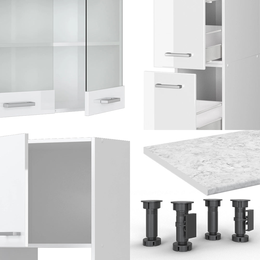 Cucina componibile R-Line Bianco lucido/Bianco 350 cm con armadio alto, PL Rovere Vicco