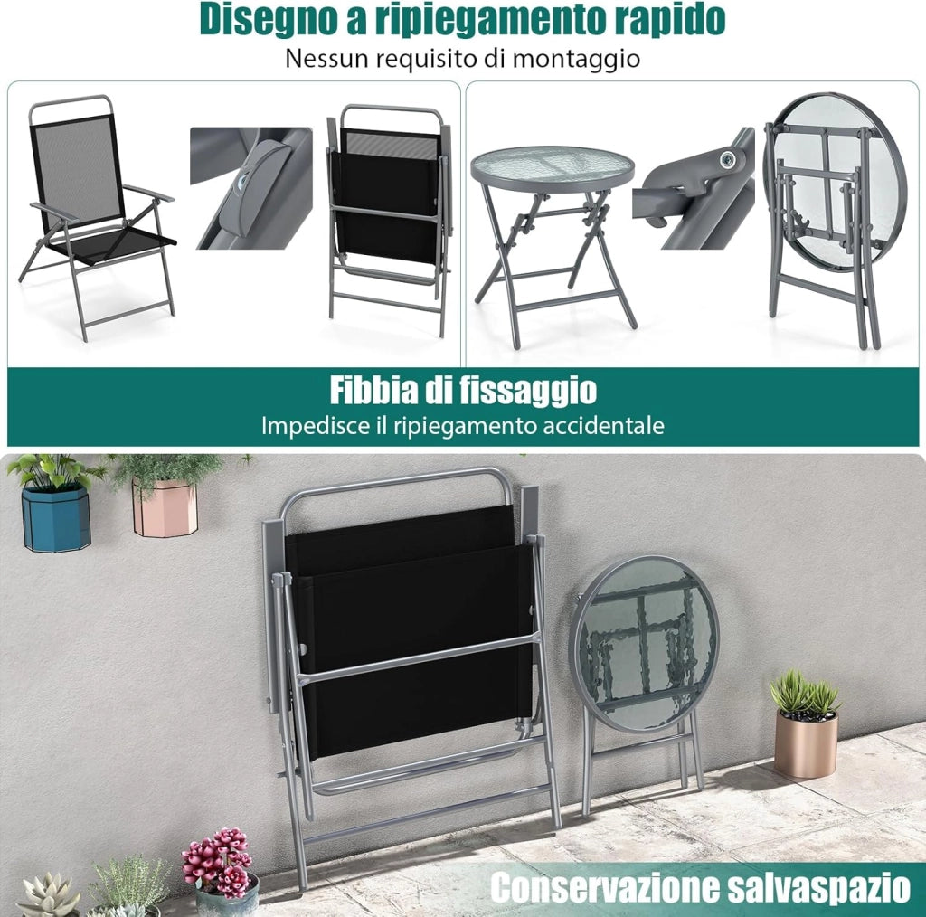 Set Tavolo e Sedie da Giardino Pieghevoli, Set Mobili da Esterno 3 Pezzi con Sedia in Textilene e Tavolino Rotondo in Vetro Temperato, Salottino da Giardino Balcone Bistrò