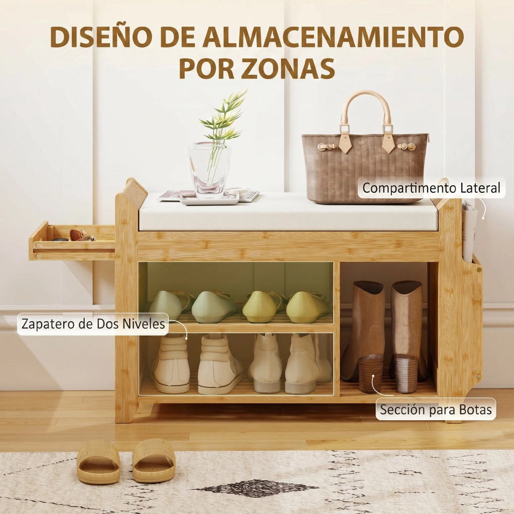 Cassettiera con seduta imbottita e scaffale ¨C zephmum ¨C 80x30x50 cm naturale bamb¨´