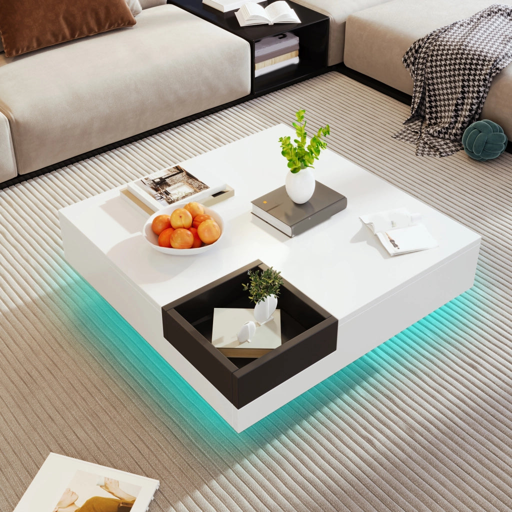 TAVOLO DA CAFFÈ 72x72x30 cm Bianco Nero in truciolato con LED e box rimovibile