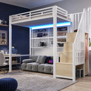 Letto a soppalco 90x200 cm con armadio e LED, bianco