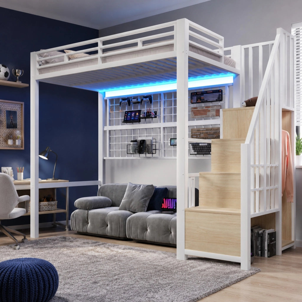 Letto a soppalco 90x200 cm con armadio e LED, bianco