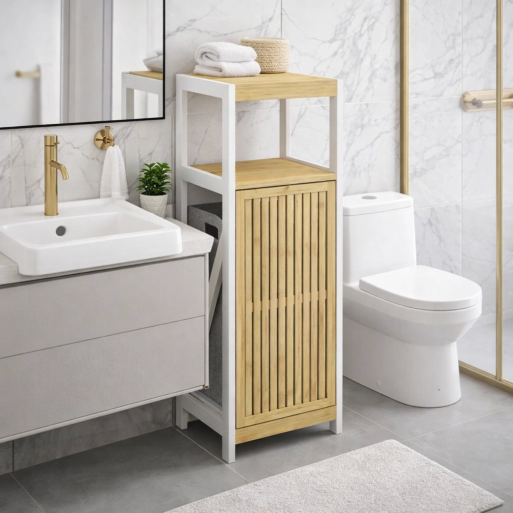 Mobiletto Bagno Portabiancheria Moderno Legno e Bambù 36x33x98 cm 1 Anta 2 Ripiani