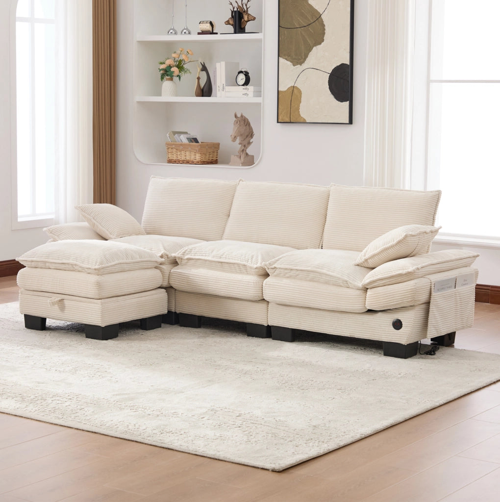 Divano modulare 3 posti con pouf e vano contenitore; USB-C; velluto a coste beige