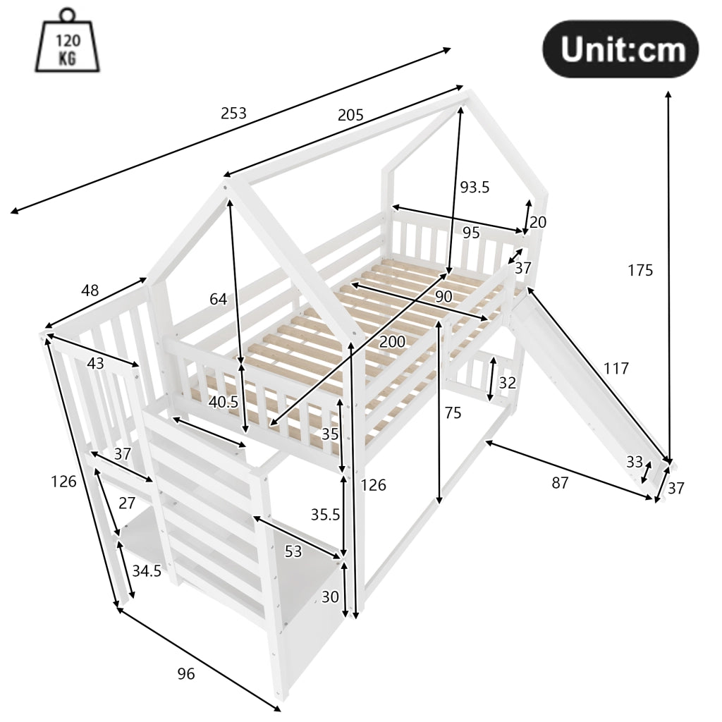Letto a castello con scivolo e scala portaoggetti in pino 90x200 cm