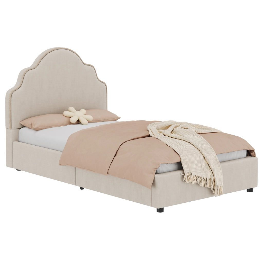 Letto singolo imbottito 90x200 cm con testiera arrotondata; beige; in lino